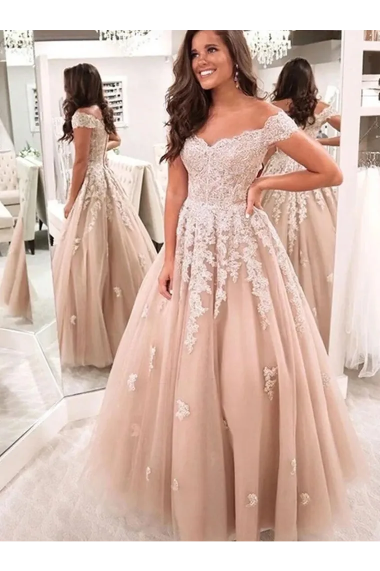 Off The Shoulder Tulle Formal Prom Dresses, Appliques Wedding Dresses