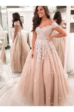 Off The Shoulder Tulle Formal Prom Dresses, Appliques Wedding Dresses