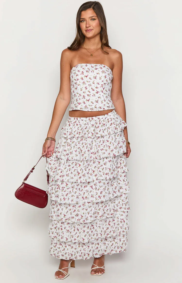 Paisley White Floral Ruffle Maxi Skirt