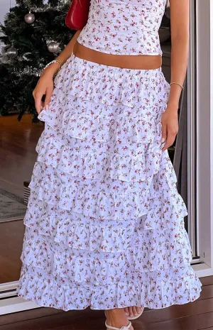 Paisley White Floral Ruffle Maxi Skirt