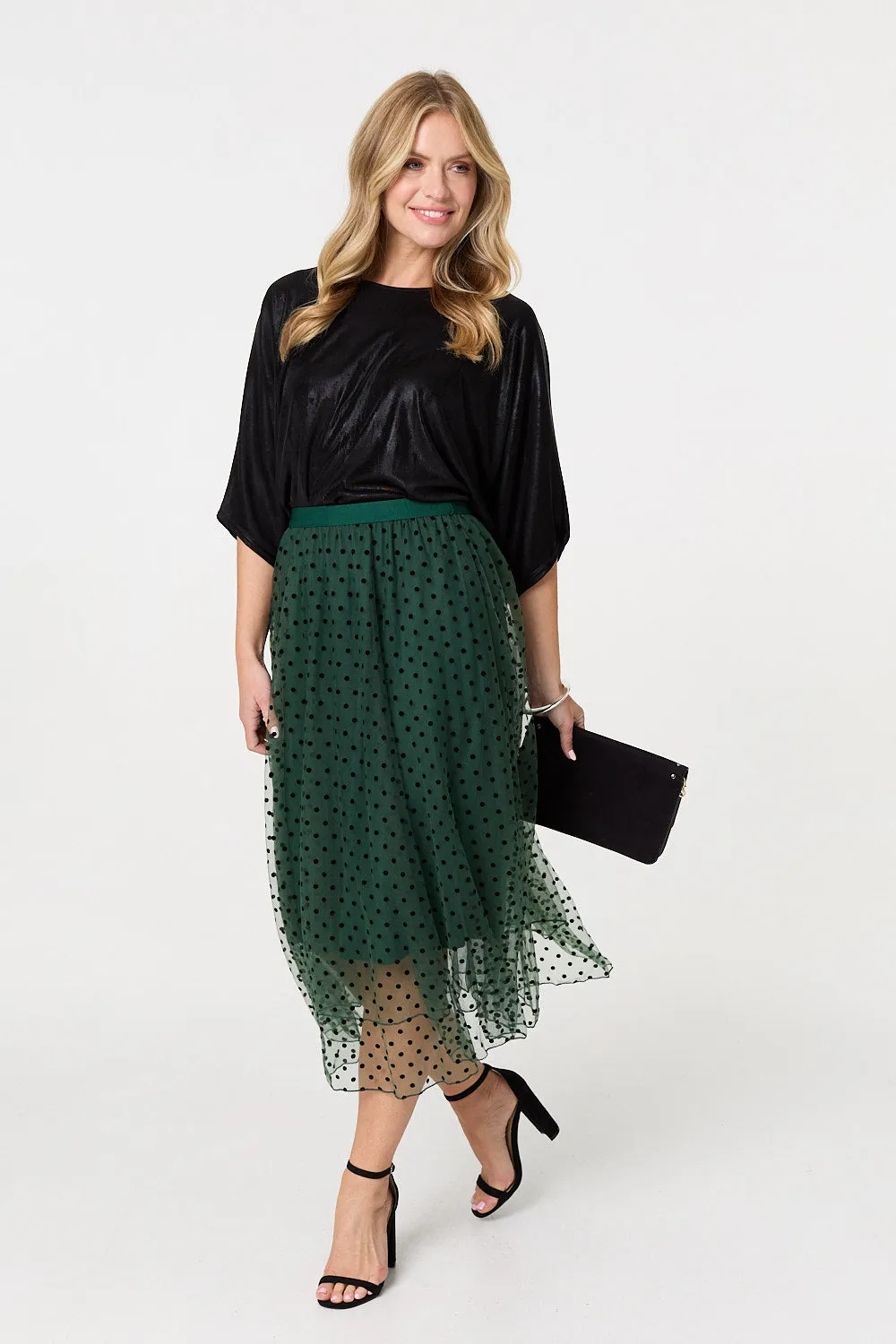 Polka Dot Layered Mesh Midi Skirt