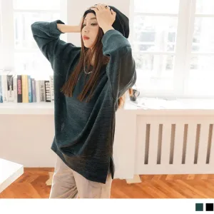 PURE COLOR KNIT DIP HEM SIDE TUNIC LONG SLEEVE TOPS