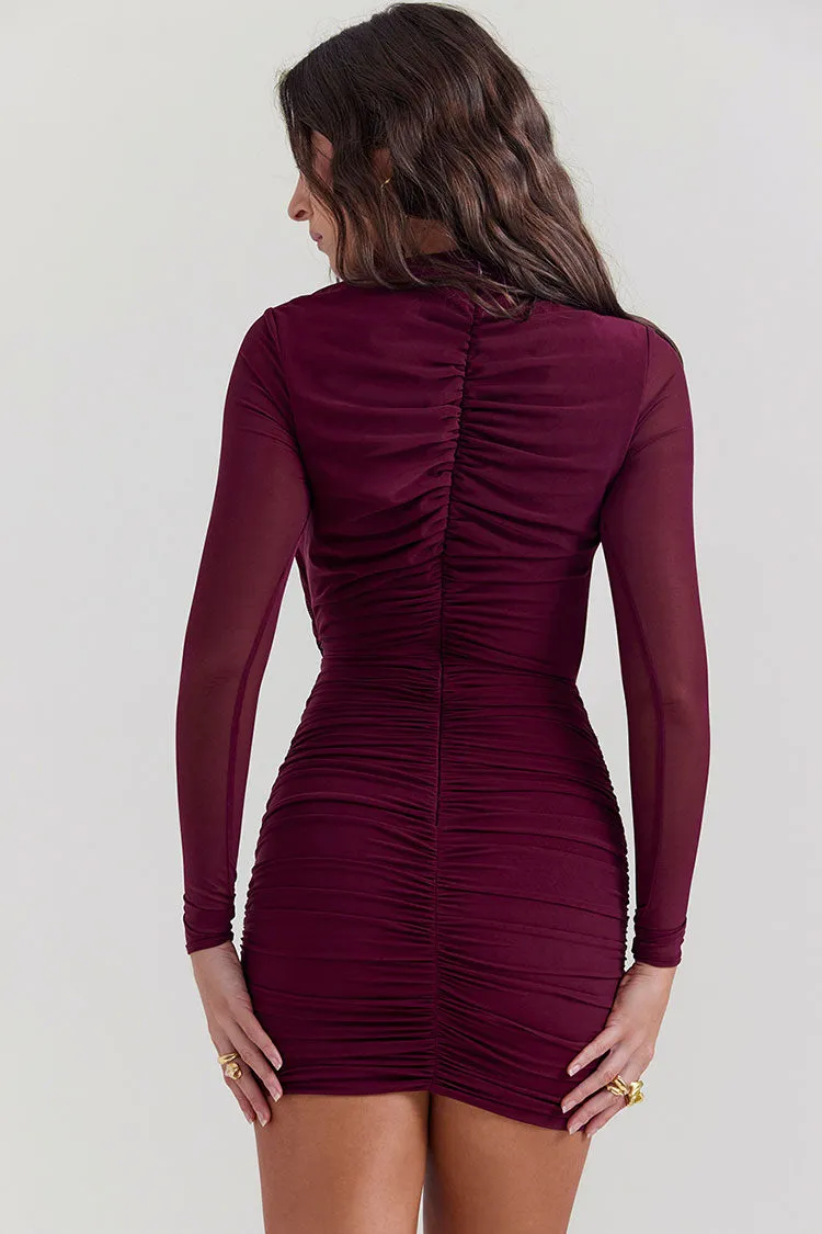 Sexy Crew Neck Cutout Long Sleeve Ruched Party Mini Dress - Burgundy