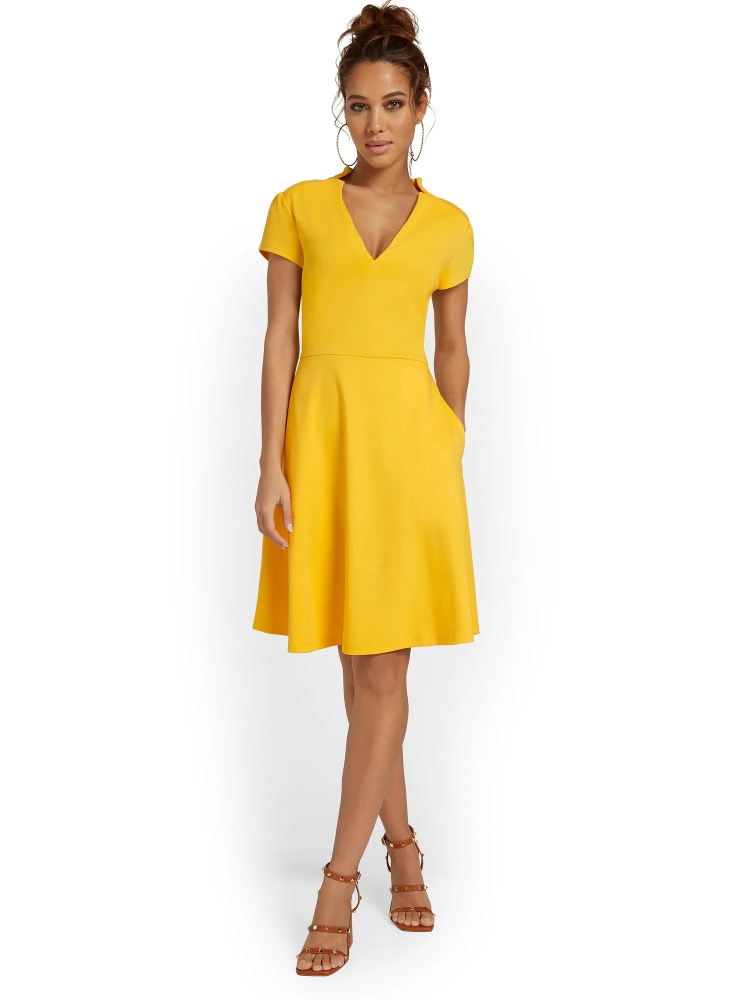 Split-Neck Puff-Sleeve Flare Dress - City Knits