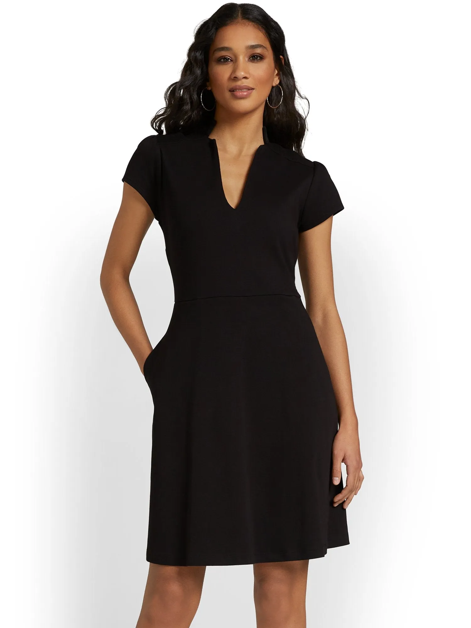 Split-Neck Puff-Sleeve Flare Dress - City Knits