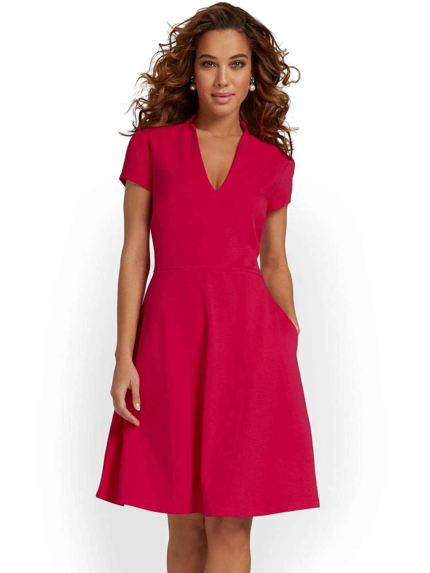 Split-Neck Puff-Sleeve Flare Dress - City Knits