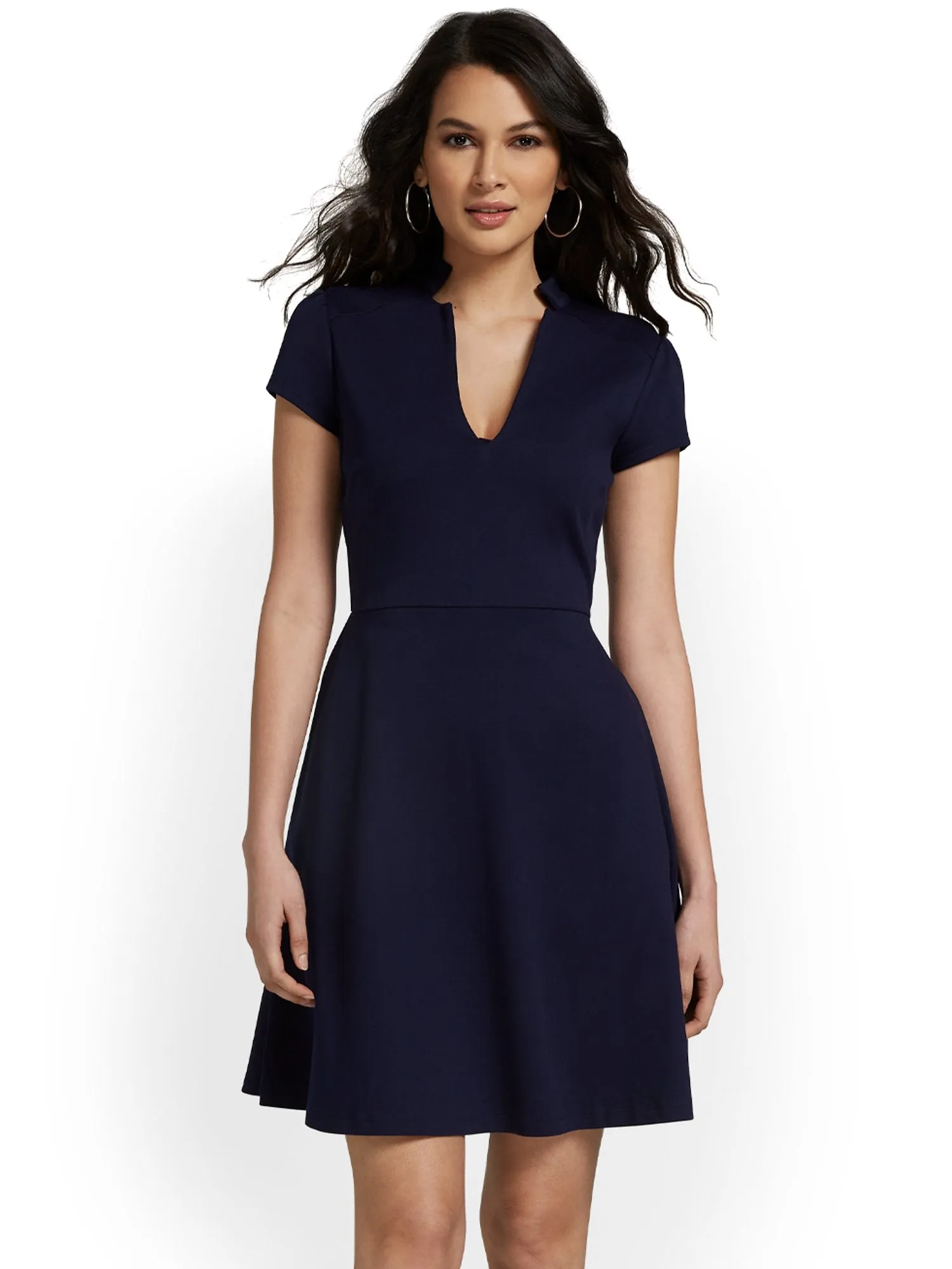 Split-Neck Puff-Sleeve Flare Dress - City Knits