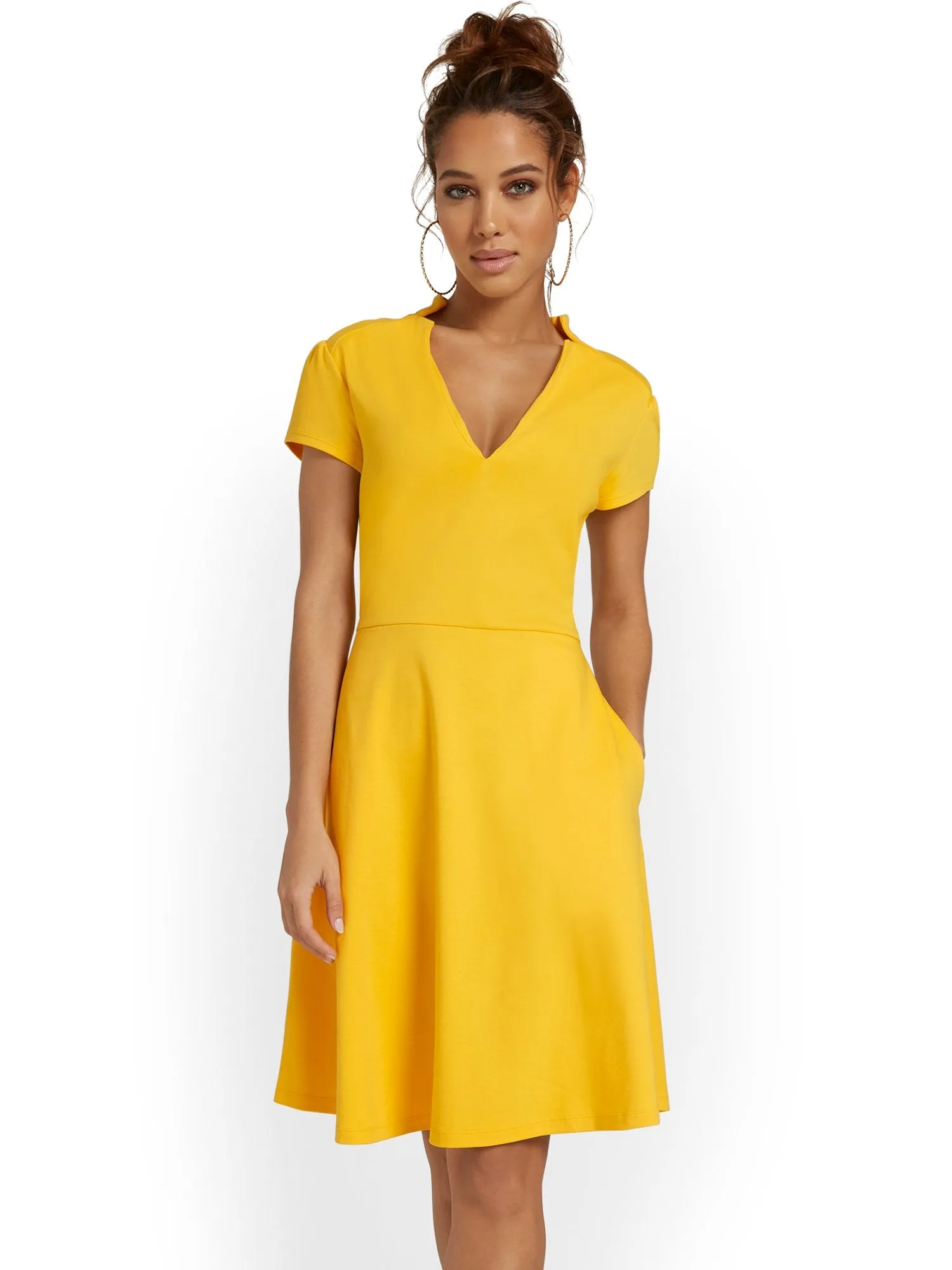 Split-Neck Puff-Sleeve Flare Dress - City Knits