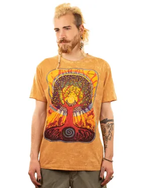 Stonewash Tree of Life Spiral Cotton T-shirt Yellow