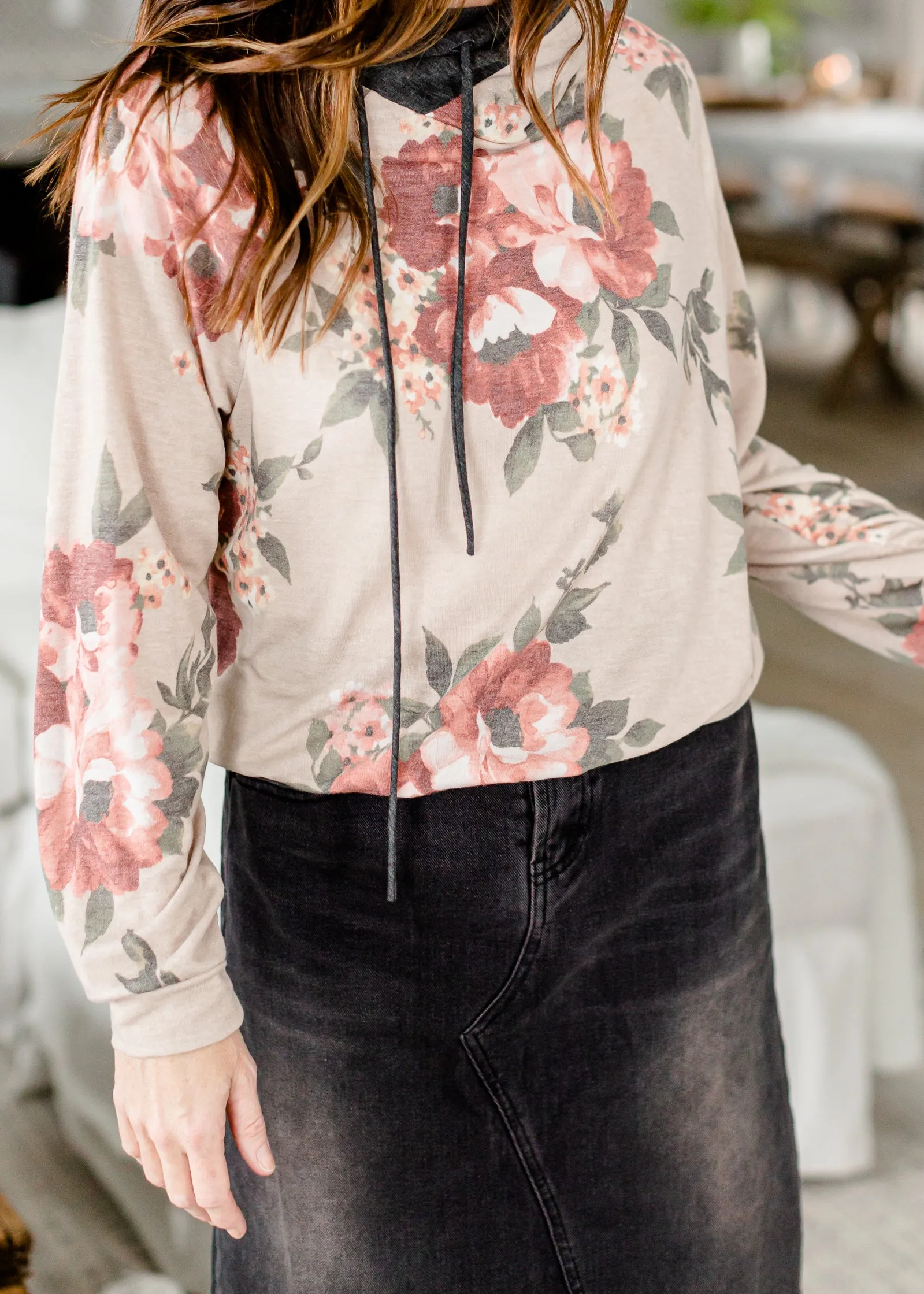 Taupe Floral Color Block Hoodie - FINAL SALE