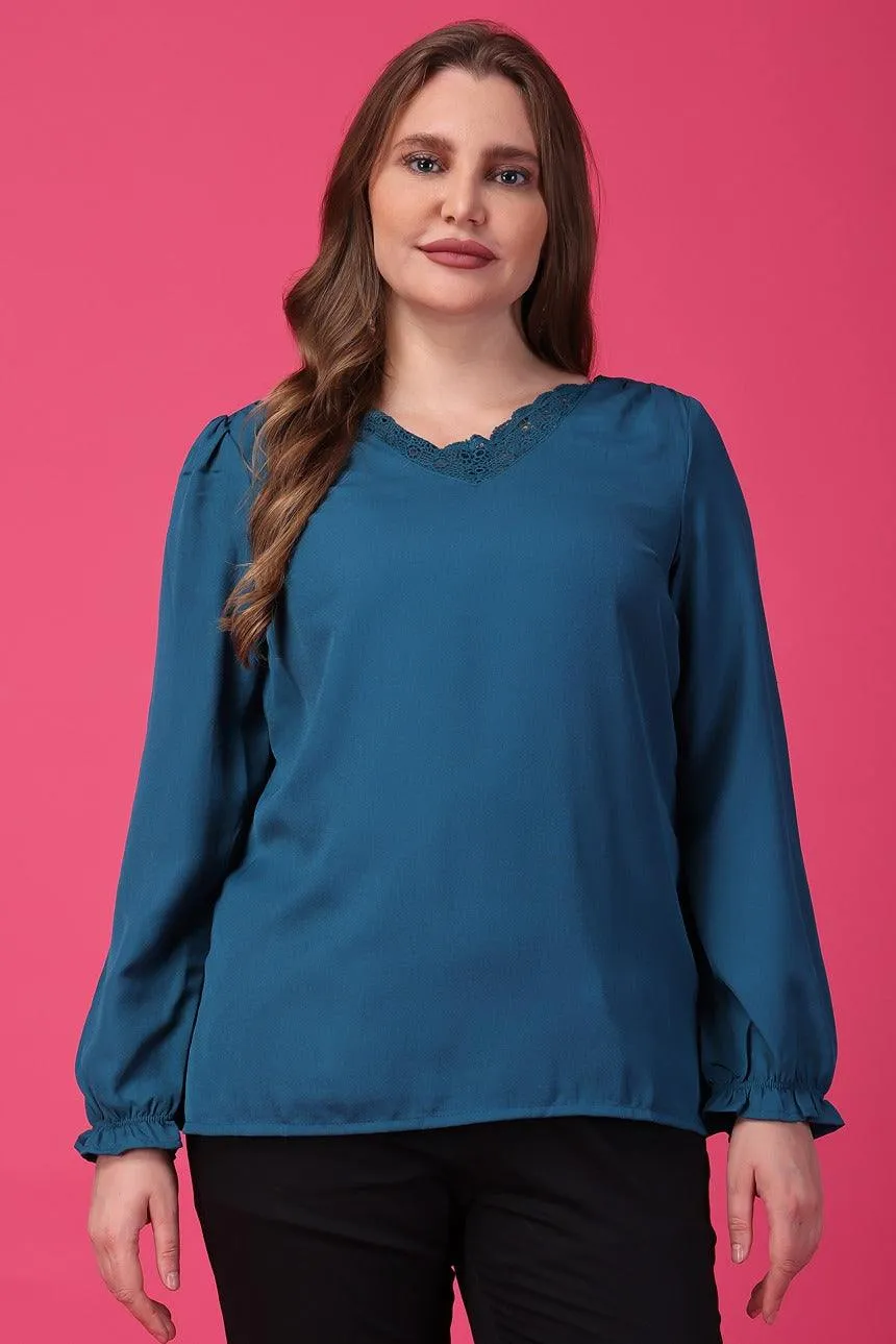 Teal Blue Top with Lace Neck