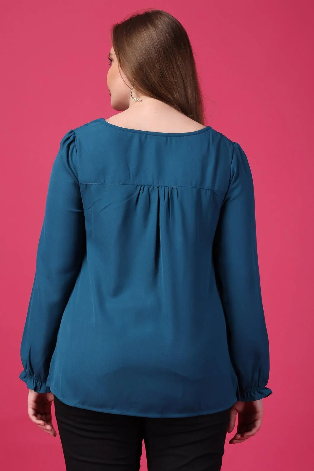 Teal Blue Top with Lace Neck