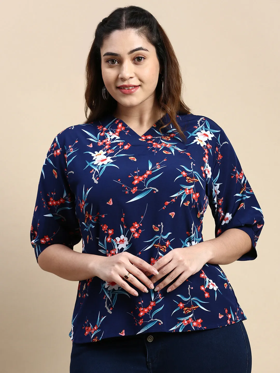 Women Floral Navy Blue Top