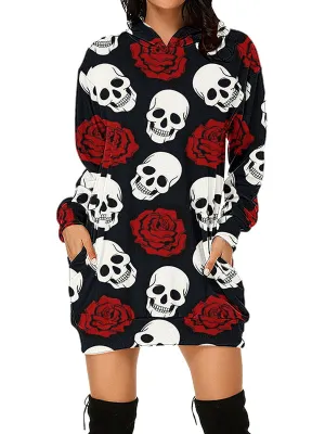 Women Halloween Red Rose Skull Graphic Print Hoodies