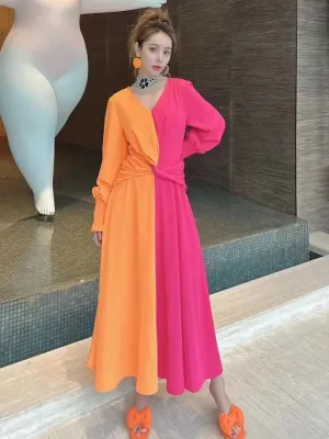 Women's Summer Long Dress Chic And Elegant Woman Dresses Evening Patchwork Colorblock V Neck Long Sleeve Clothing X3456351